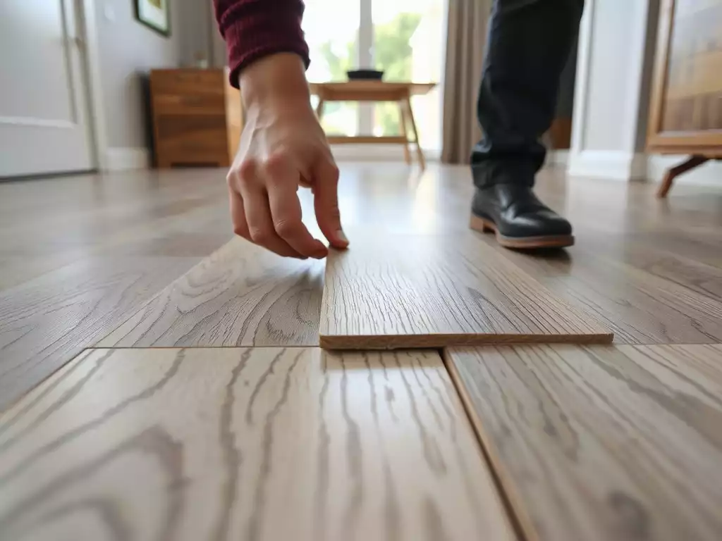Close-up of a hand installing vinyl plank flooring with a click-lock system