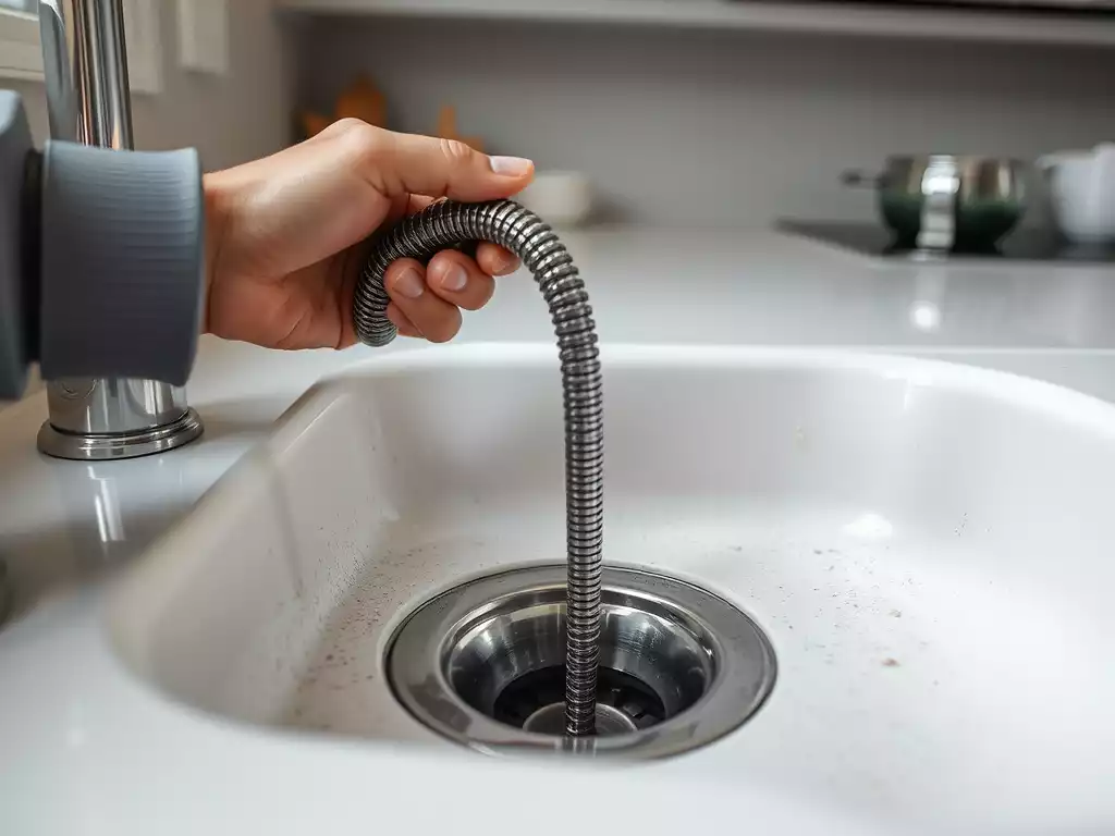 Close-up of a drain snake being inserted into a kitchen sink drain, showing a hand guiding the tool, no text, no words, no typography, clean image