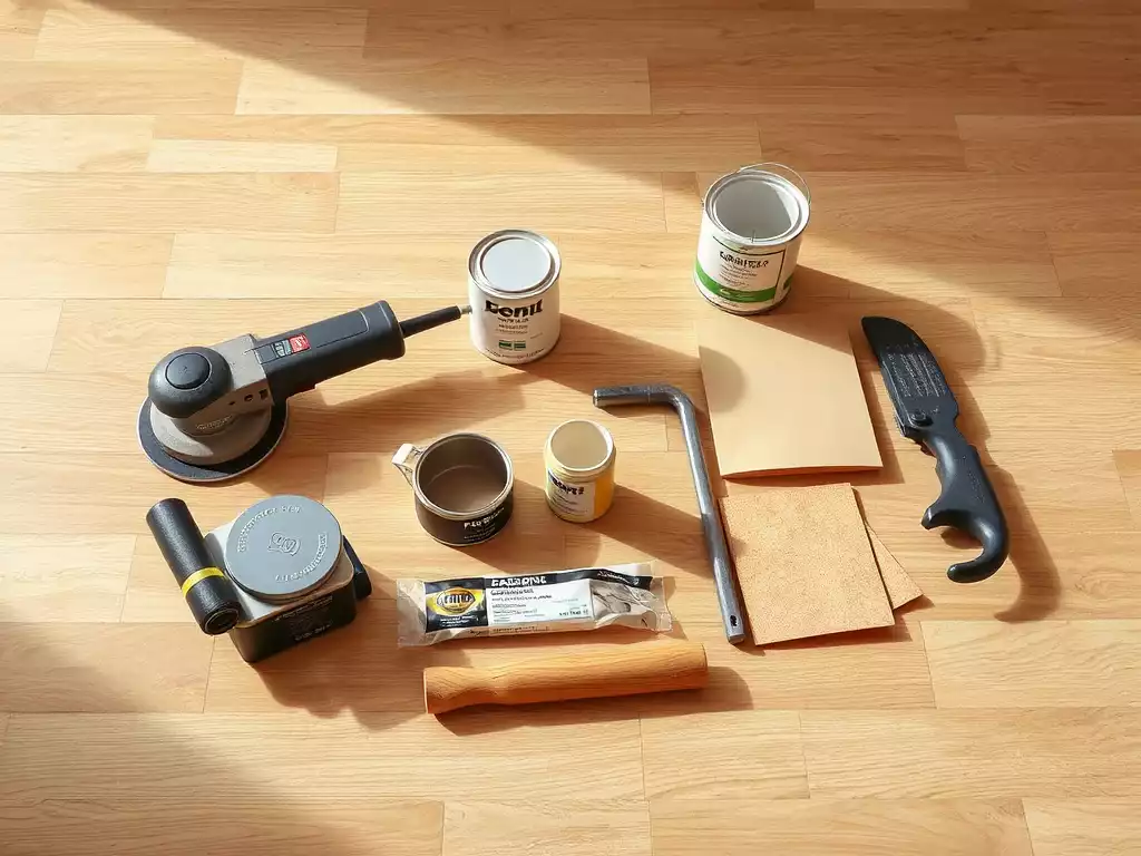 Hardwood floor refinishing tools and materials laid out on a clean floor