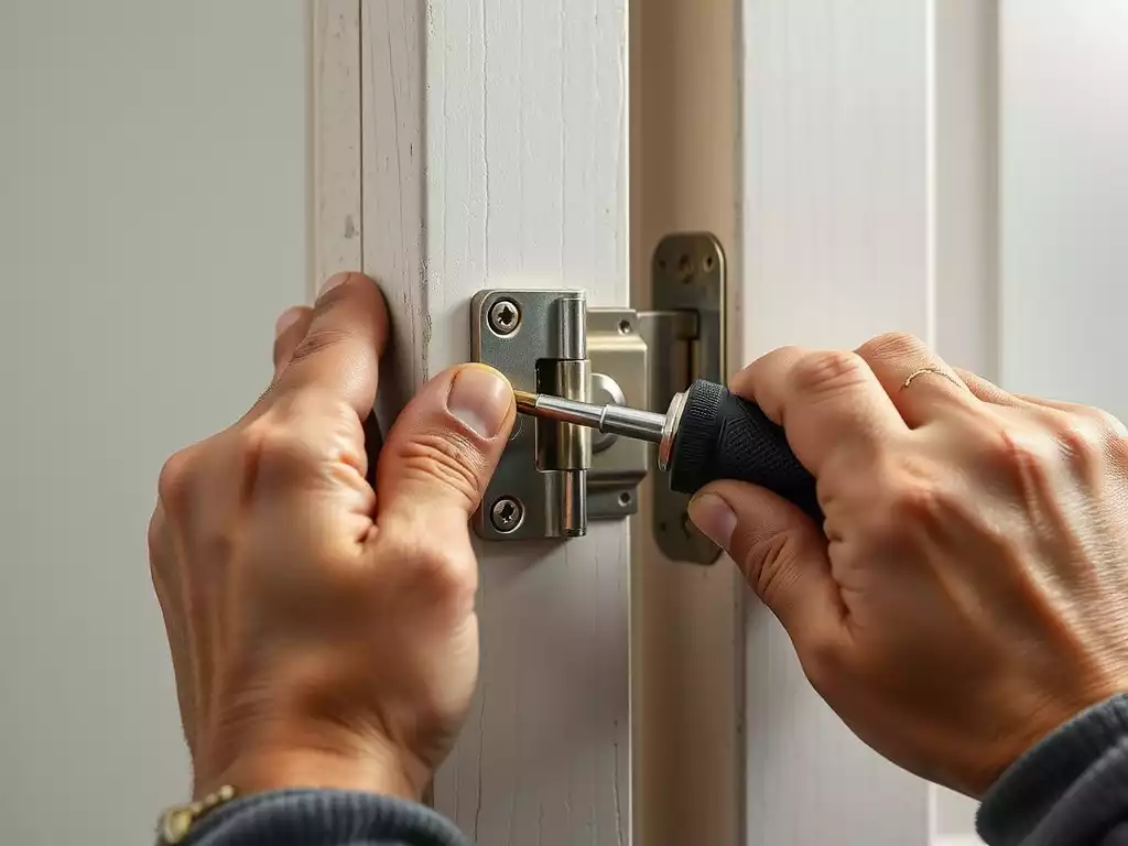 Close-up of hands repairing a door hinge