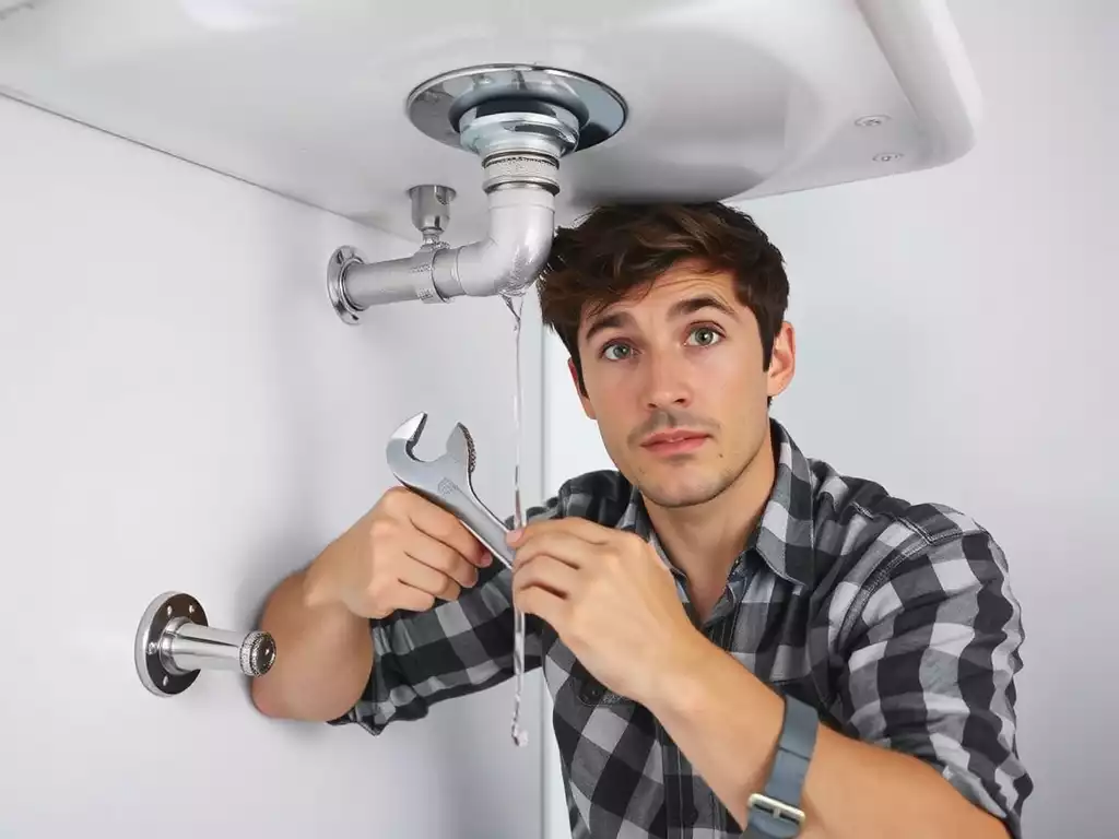 Person looking confused at a leaking pipe, holding a wrench, clean background, no text