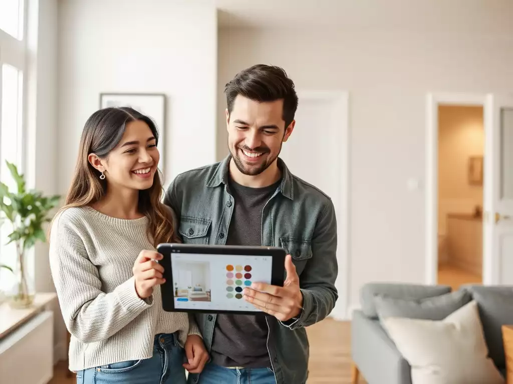 Young couple happily using a digital paint visualizer on a tablet to choose wall colors for their small apartment, no text, no words, no typography, 8K