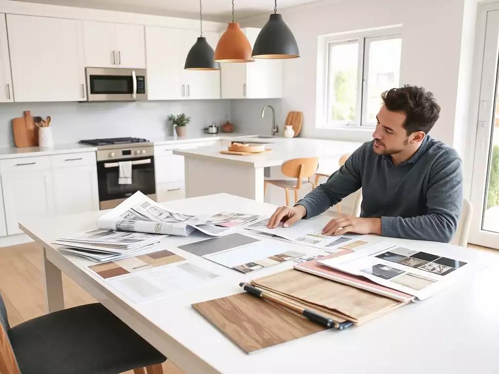 Homeowner reviewing kitchen renovation plans and material samples, organized and focused, no text, no words, no typography, 8K