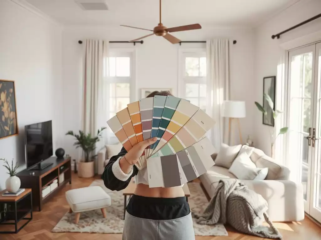 Interior designer holding paint swatches in a beautifully decorated small living room, natural light, no text, no words, no typography, 8K