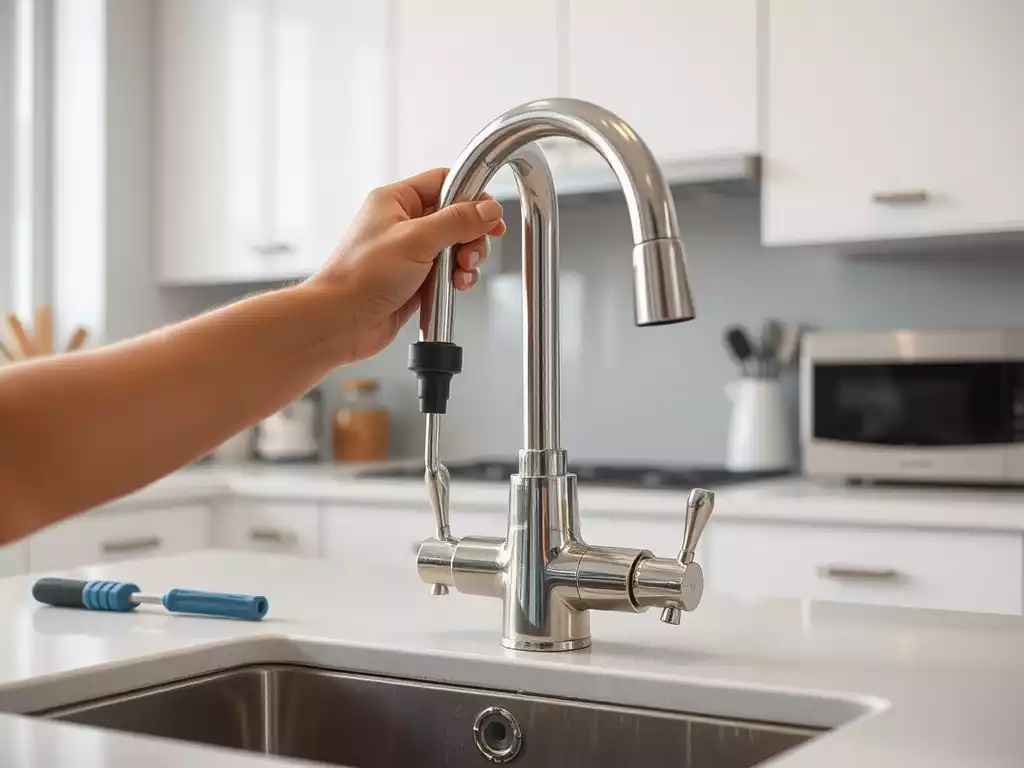 Person installing a new kitchen faucet, close up on hands and tools