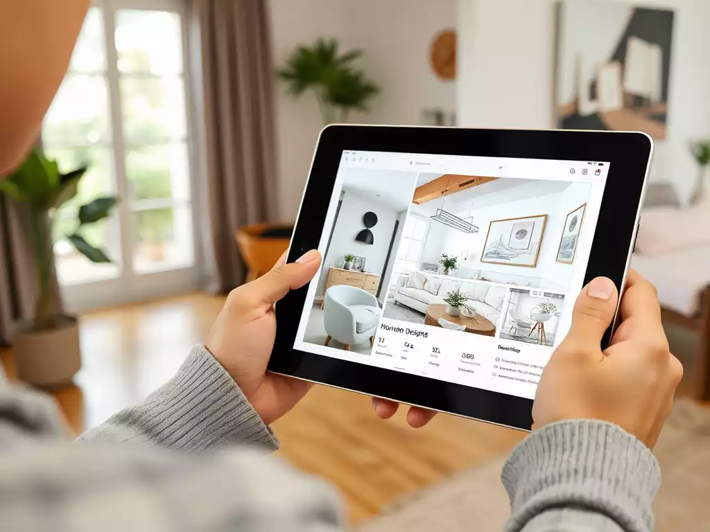 Person using a tablet to plan a home renovation, with a modern interior design on the screen, no text, no words, no typography, clean image