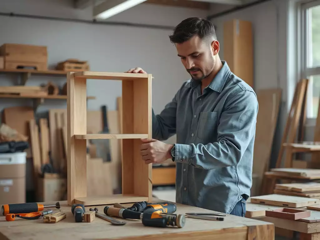 Person assembling a wooden shelf with tools