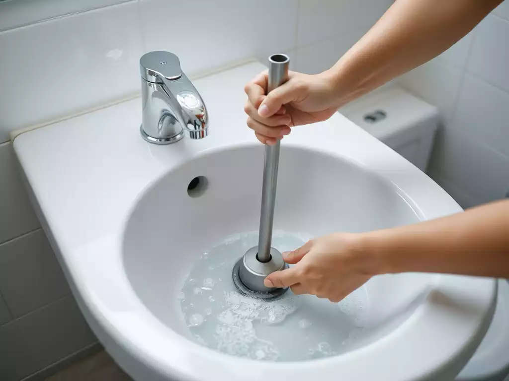 Person using a plunger in a bathroom sink to clear a clog, with bubbles and water, no text, no words, no typography, clean image