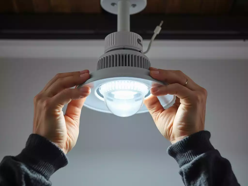 Close-up of a person's hands installing a modern LED light fixture, showing careful wiring connections