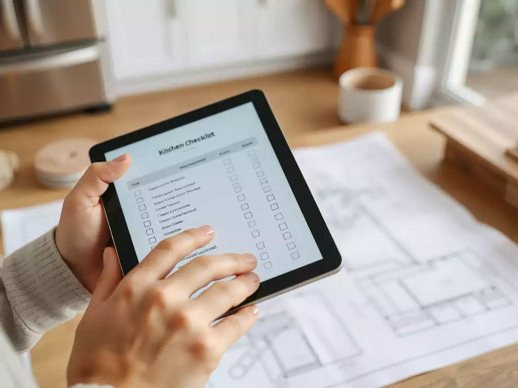 Person reviewing a kitchen remodel checklist on a tablet