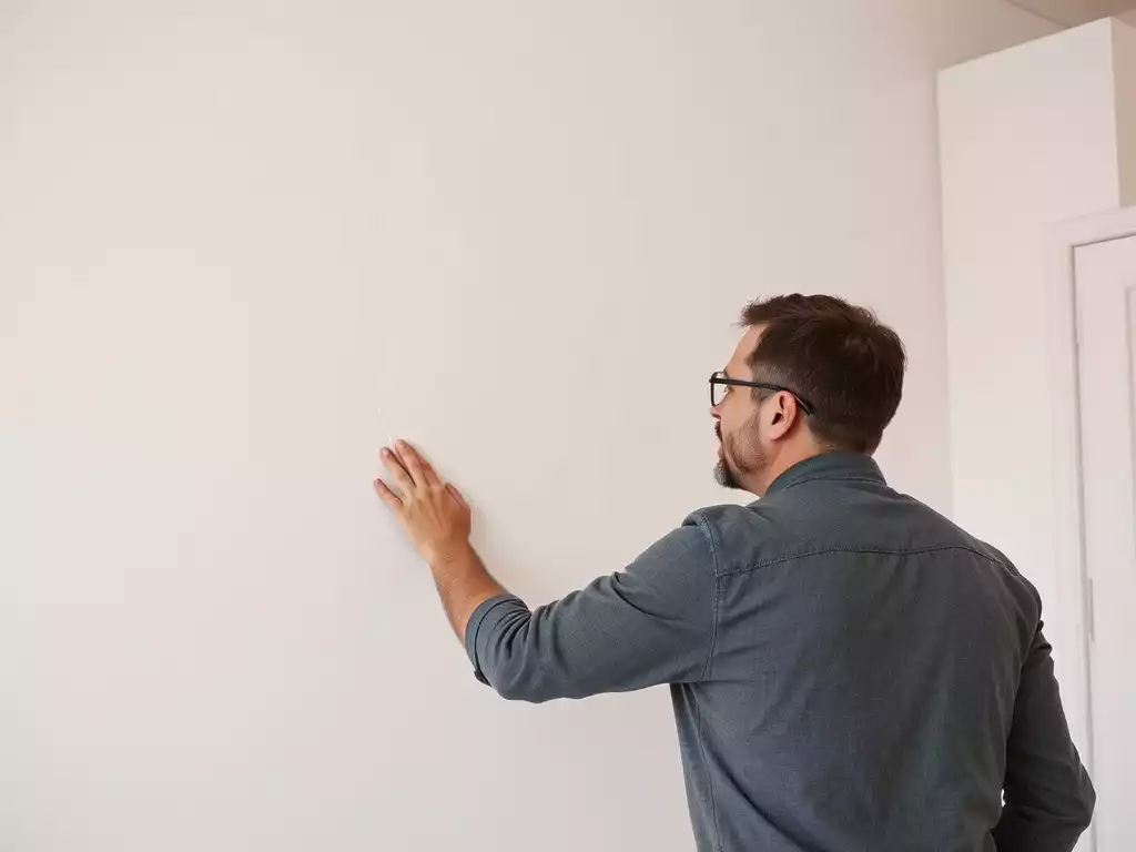 A person carefully inspecting a newly painted wall for imperfections