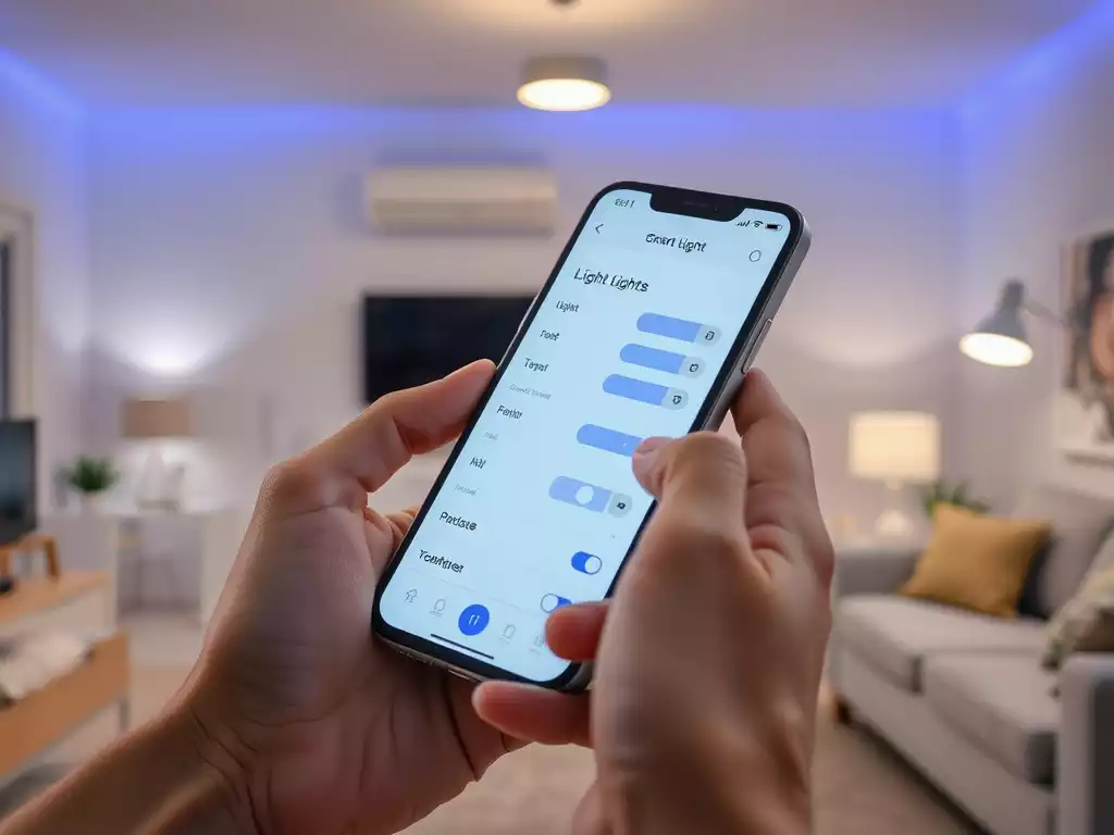 Person controlling smart lights via a smartphone app in a modern living room