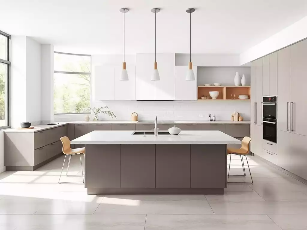 Modern kitchen with sleek cabinetry and a large island, bright and clean, no text, no words, no typography, 8K