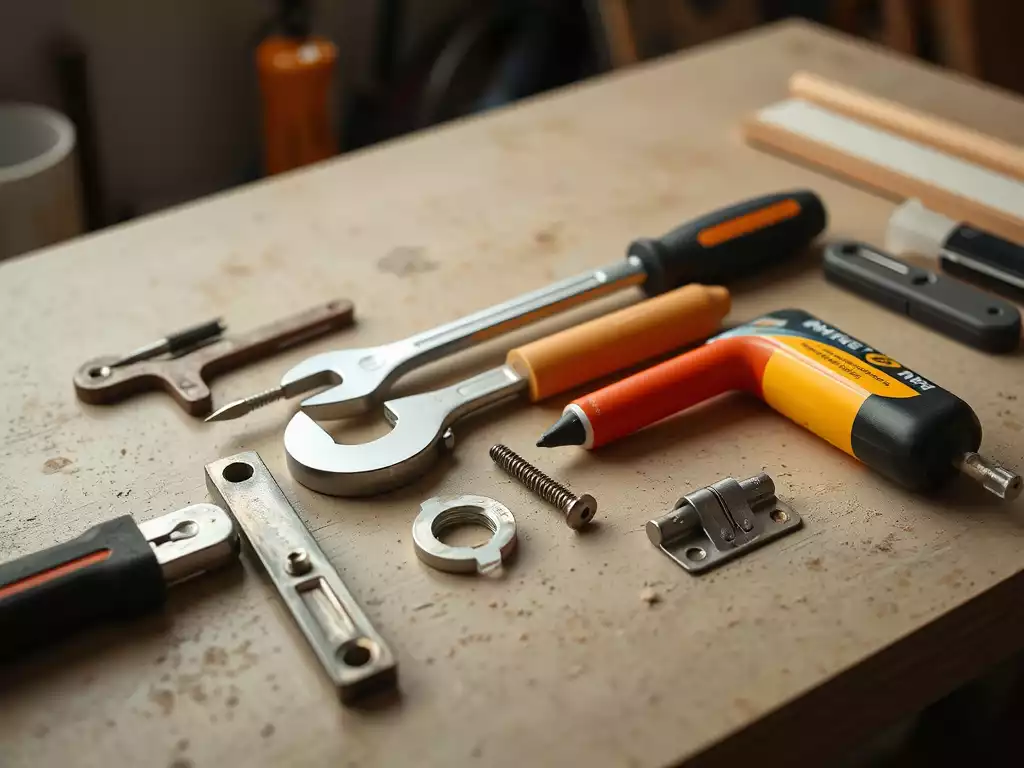 Various tools for door repair laid out on a workbench