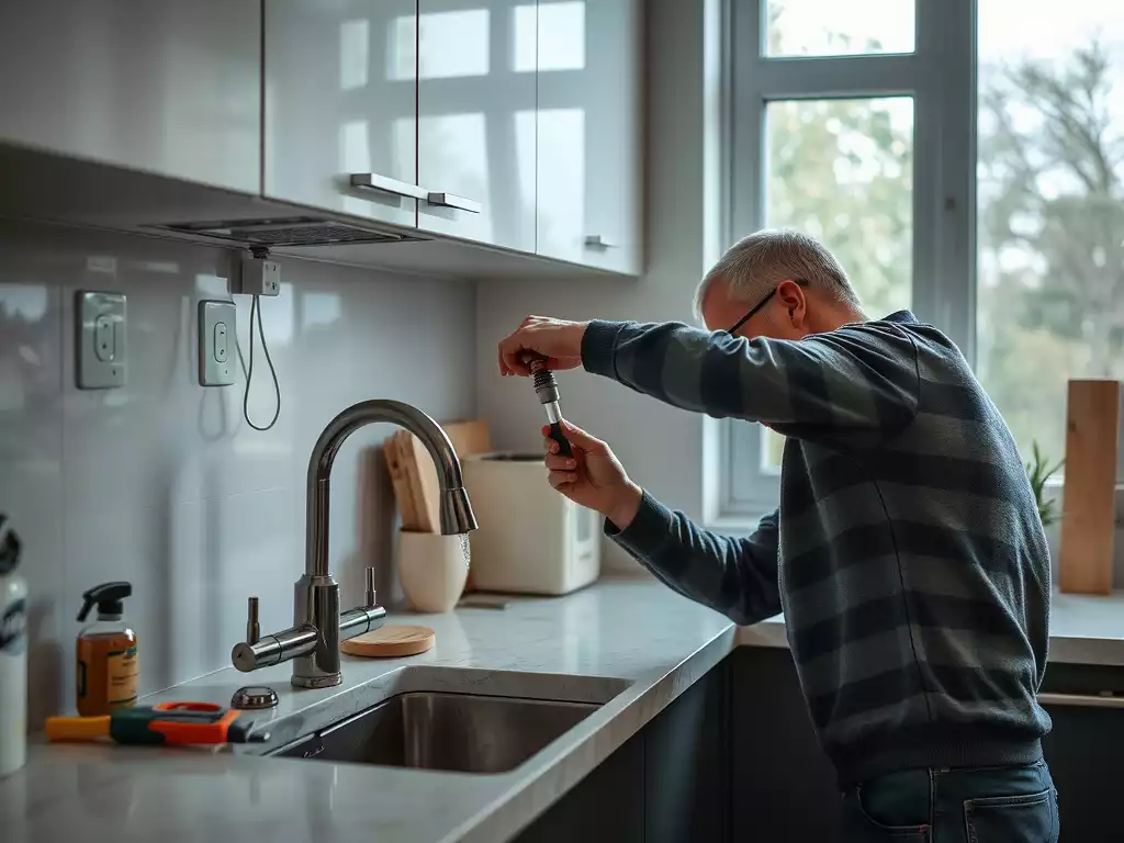 Person fixing a leaky faucet in a modern kitchen